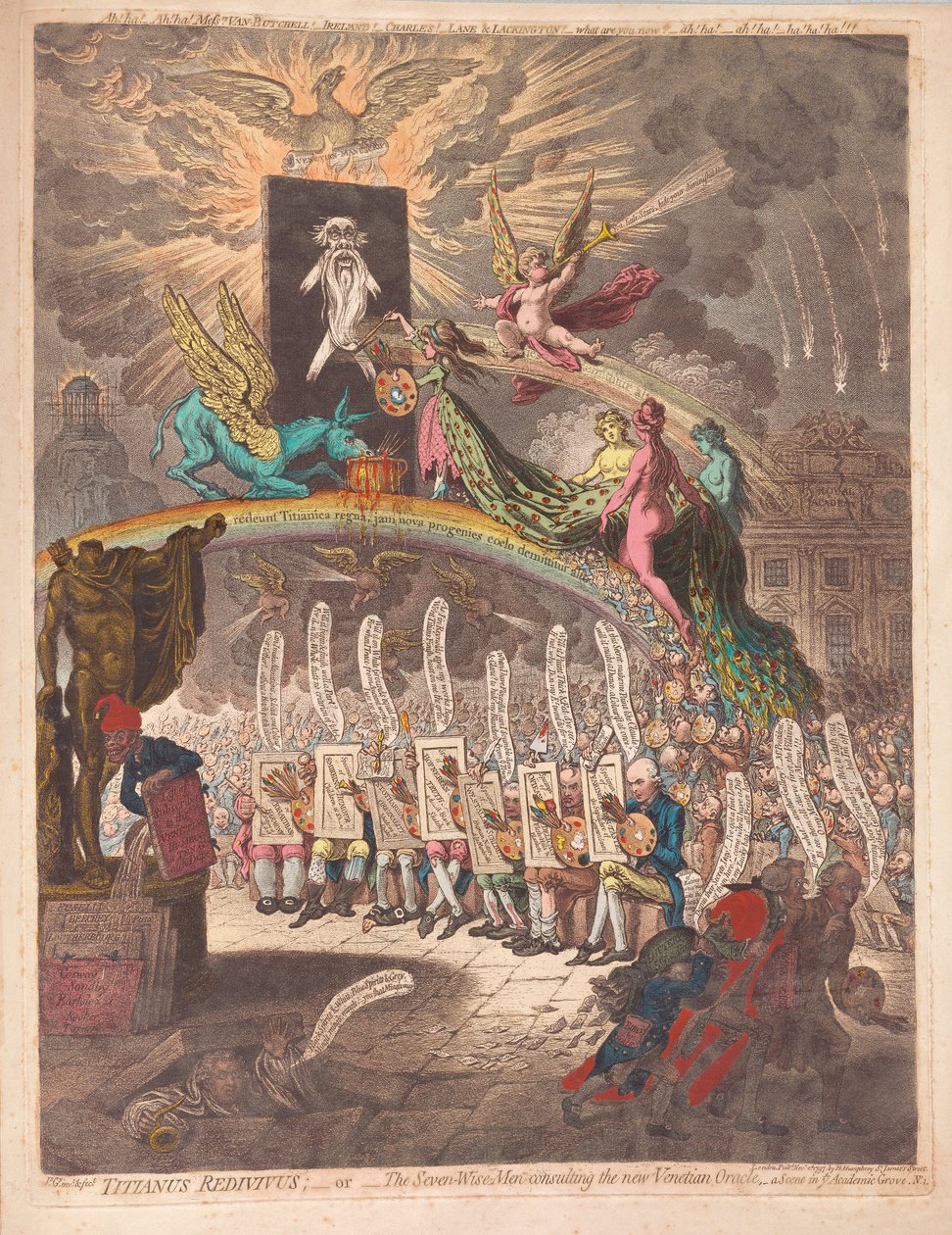 Titianus Redivivus or the Seven Wise Men Consulting the New Venetian Oracle, a Scene in Academic Grove No.1 by James Gillray