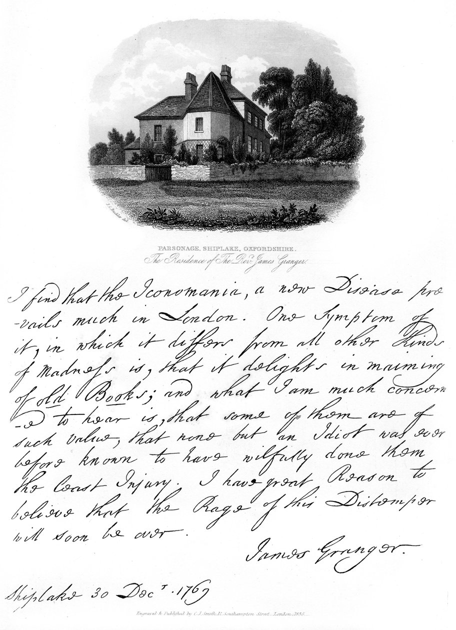 A letter from Reverend James Granger, and a view of his residence at Shiplake by James Granger