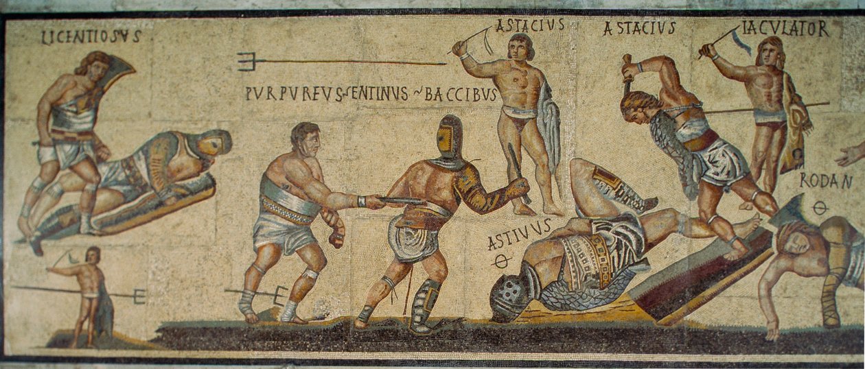 A Roman mosaic showing gladiators battling with various weapons by James L Stanfield