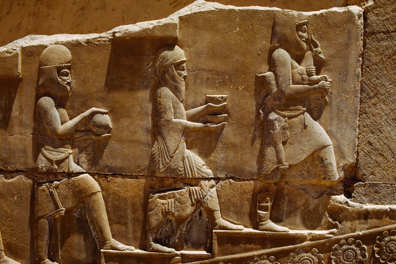 Relief sculpture of men carrying offerings on the walls of Persepolis. Persepolis, Iran. by James L Stanfield