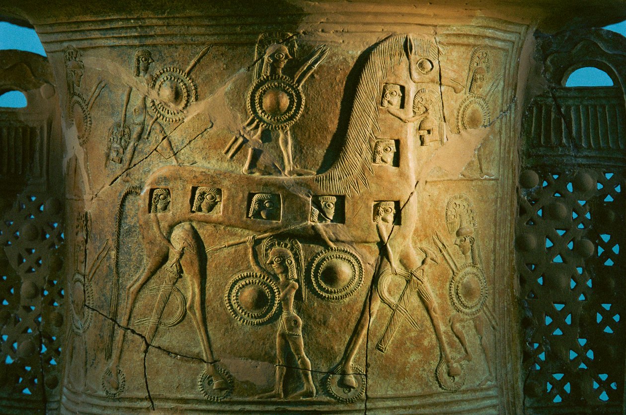 Trojan horse on seventh century B.C. amphora from Mykonos shows the earliest known depiction by James L Stanfield