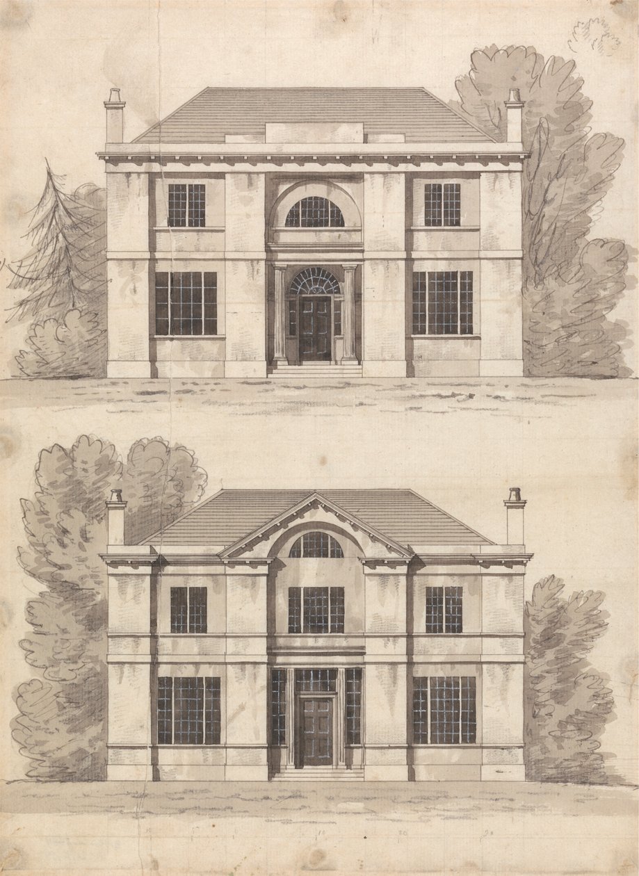 Preparatory drawing for Designs 5 and 6, Plate 3 from A Collection of Designs for Rural Retreats by James Malton