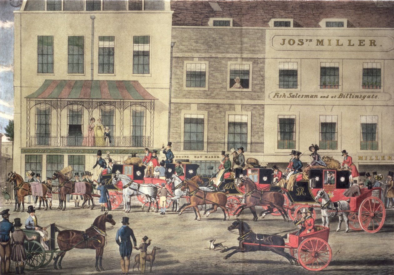 West Country Mails at the Gloucester Coffee House, Piccadilly, Engraved by C. Rosenberg, 1828 by James Pollard
