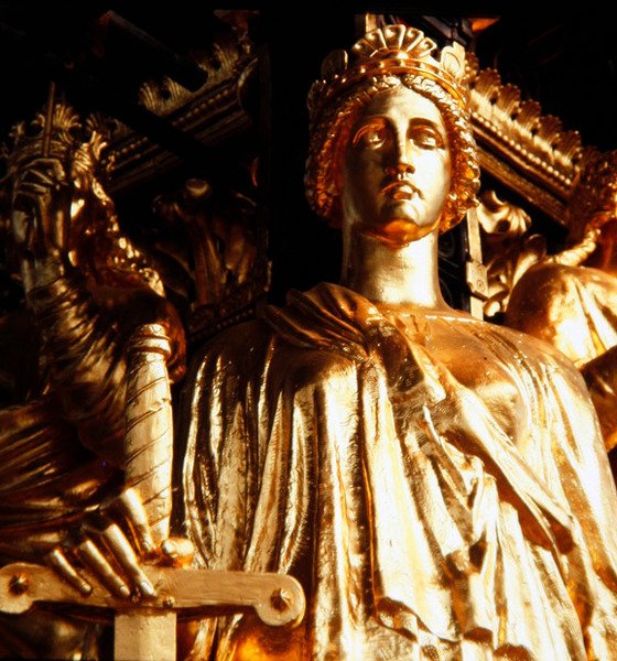 Justice, one of the four cardinal virtues from the canopy tower of the Albert Memorial, completed in 1876 by James Redfern