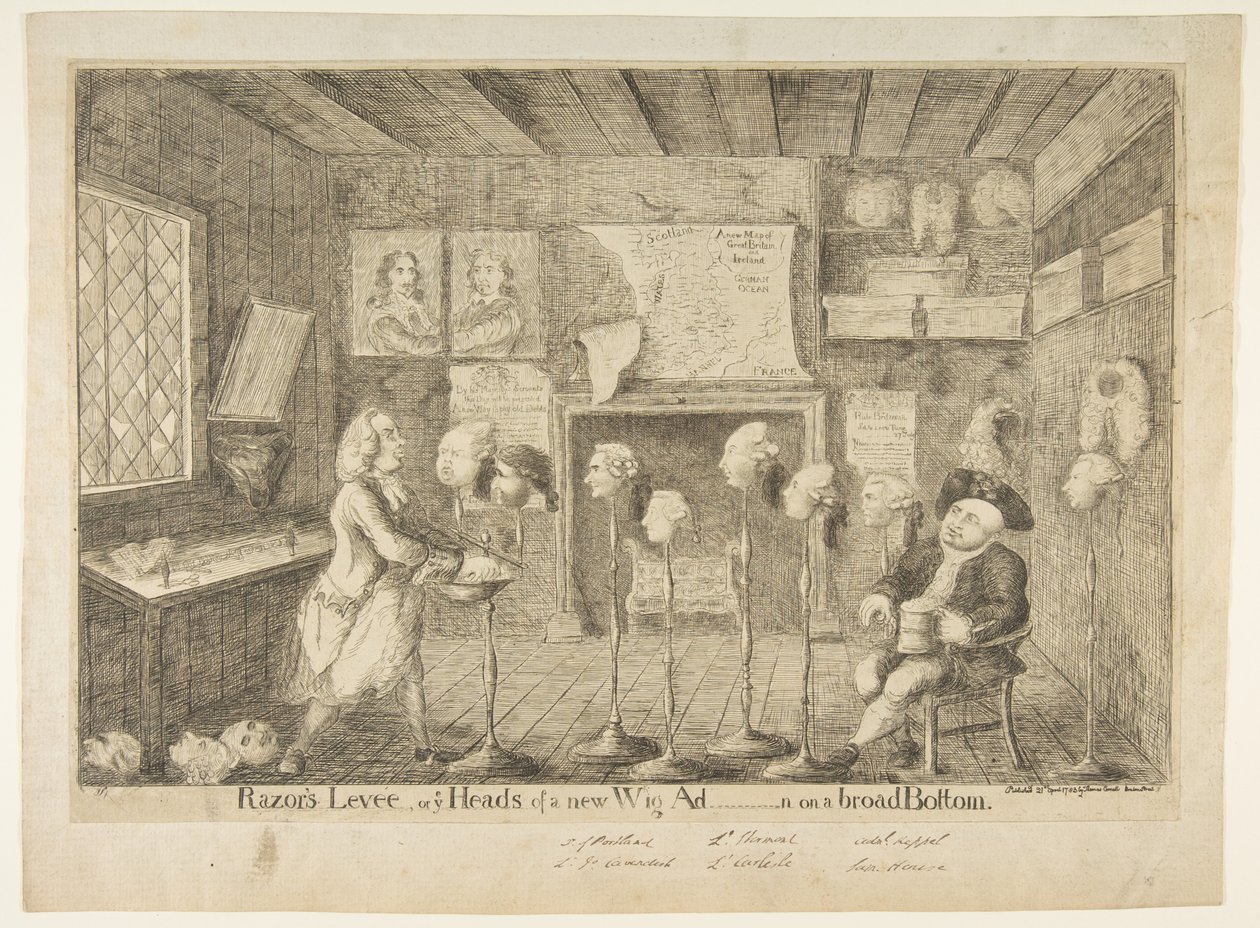 Razors Levée, or Ye Heads of a New Wig Administration on a Broad Bottom, April 21, 1783 by James Sayers