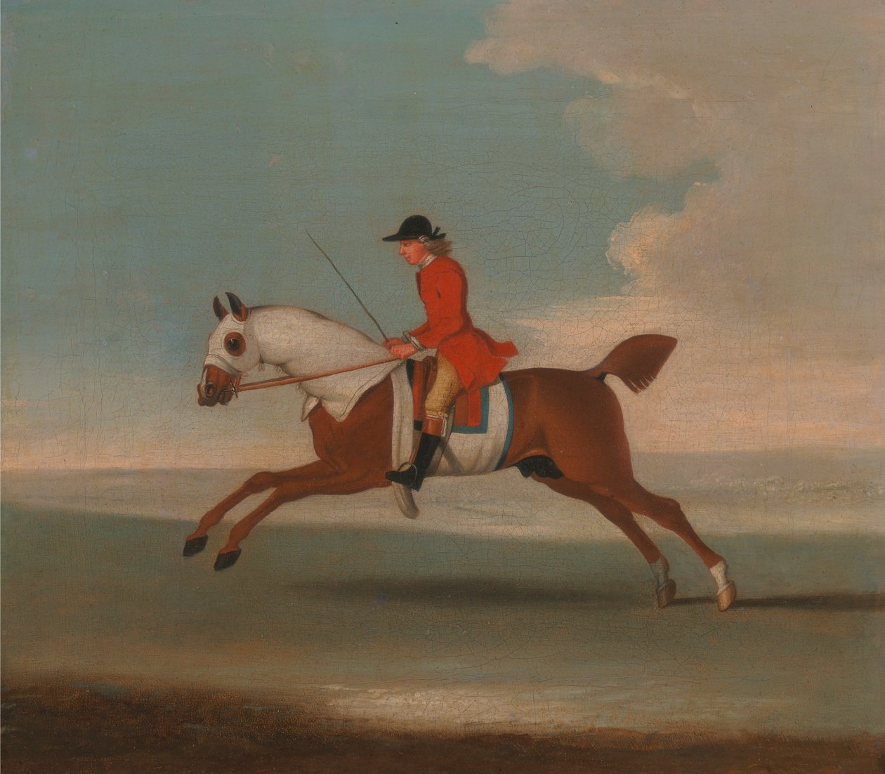One of Four Portraits of Horses - a Chestnut Racehorse Exercised by a Trainer in a Red Coat: galloping to the left, the horse wearing white sweat covers on head, neck and body by James Seymour