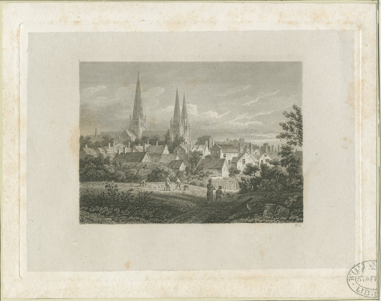 Lichfield Cathedral - North North West view (distant): engraving, nd [c 1816] by James Storer