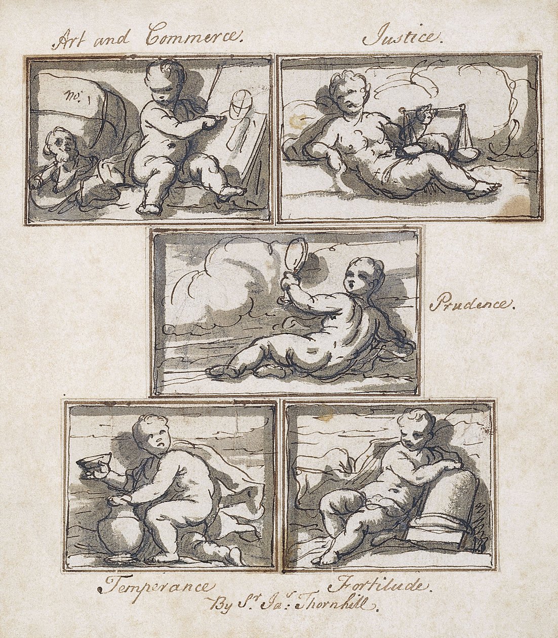 Art and Commerce; Justice; Prudence; Temperance; and Fortitude by James Thornhill