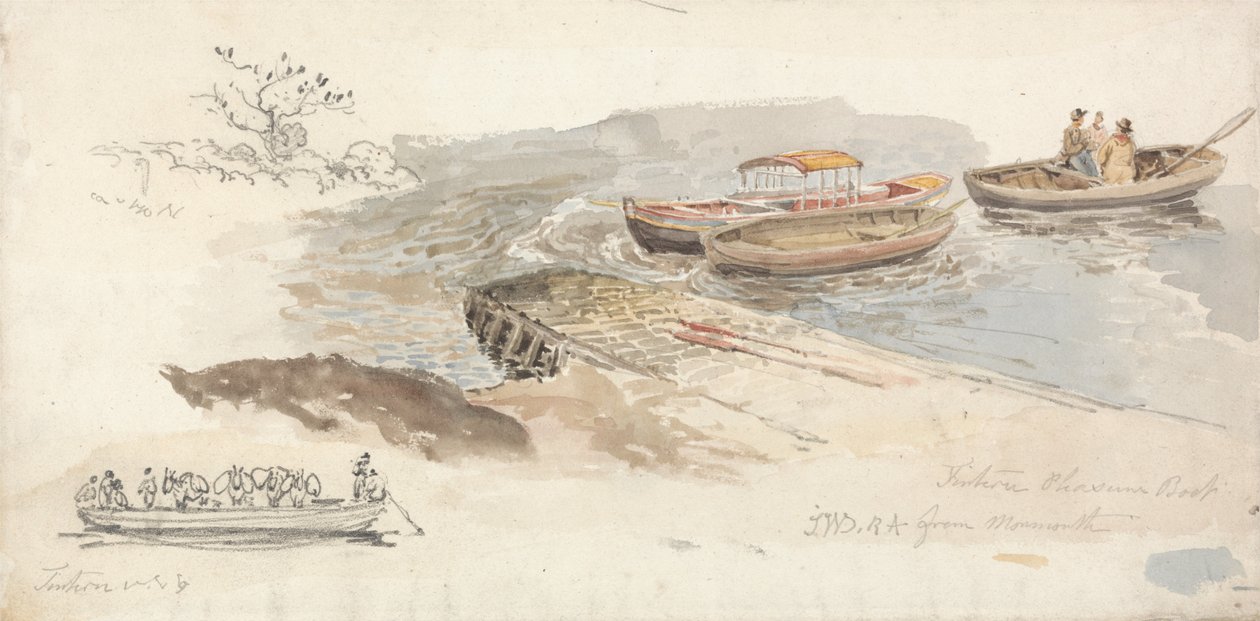 A Canopied Boat and Two Rowing Boats at a Jetty by James Ward