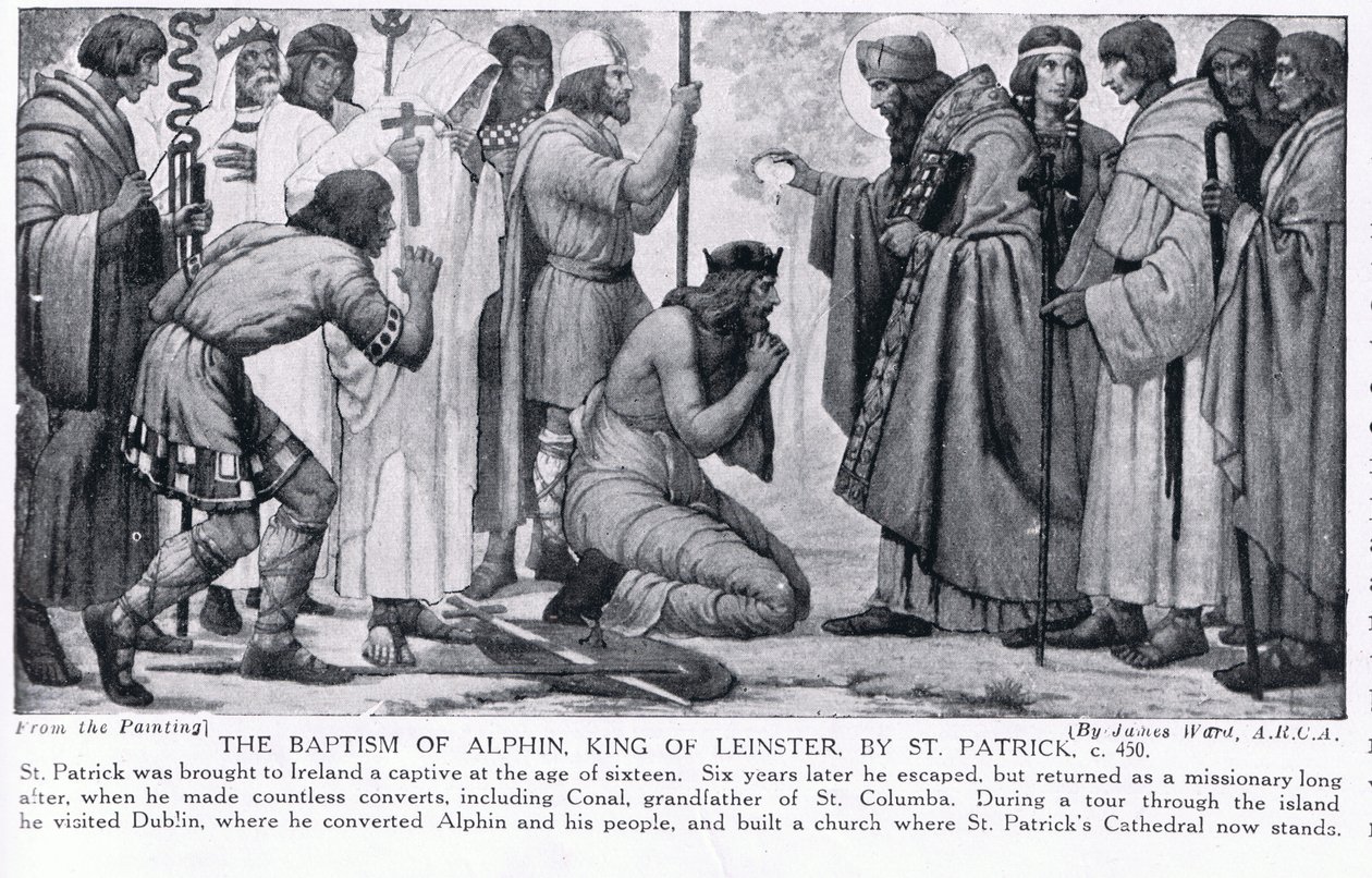 The Baptism of Alphin, King of Leinster, by St. Patrick, illustration from 