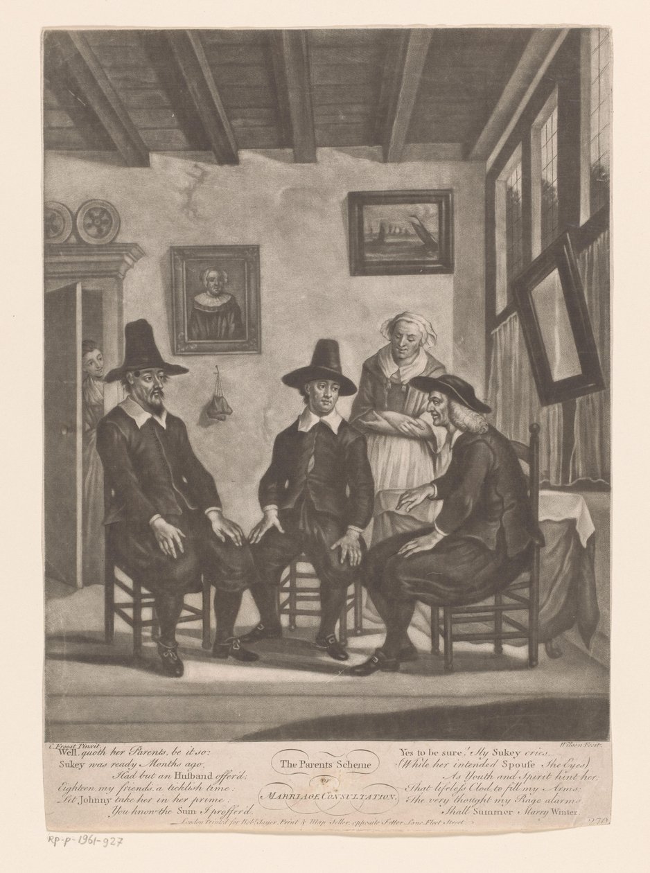 Three men in consultation while a young woman listens at the door (The Parents Scheme or Marriage Consultation) by James Wilson