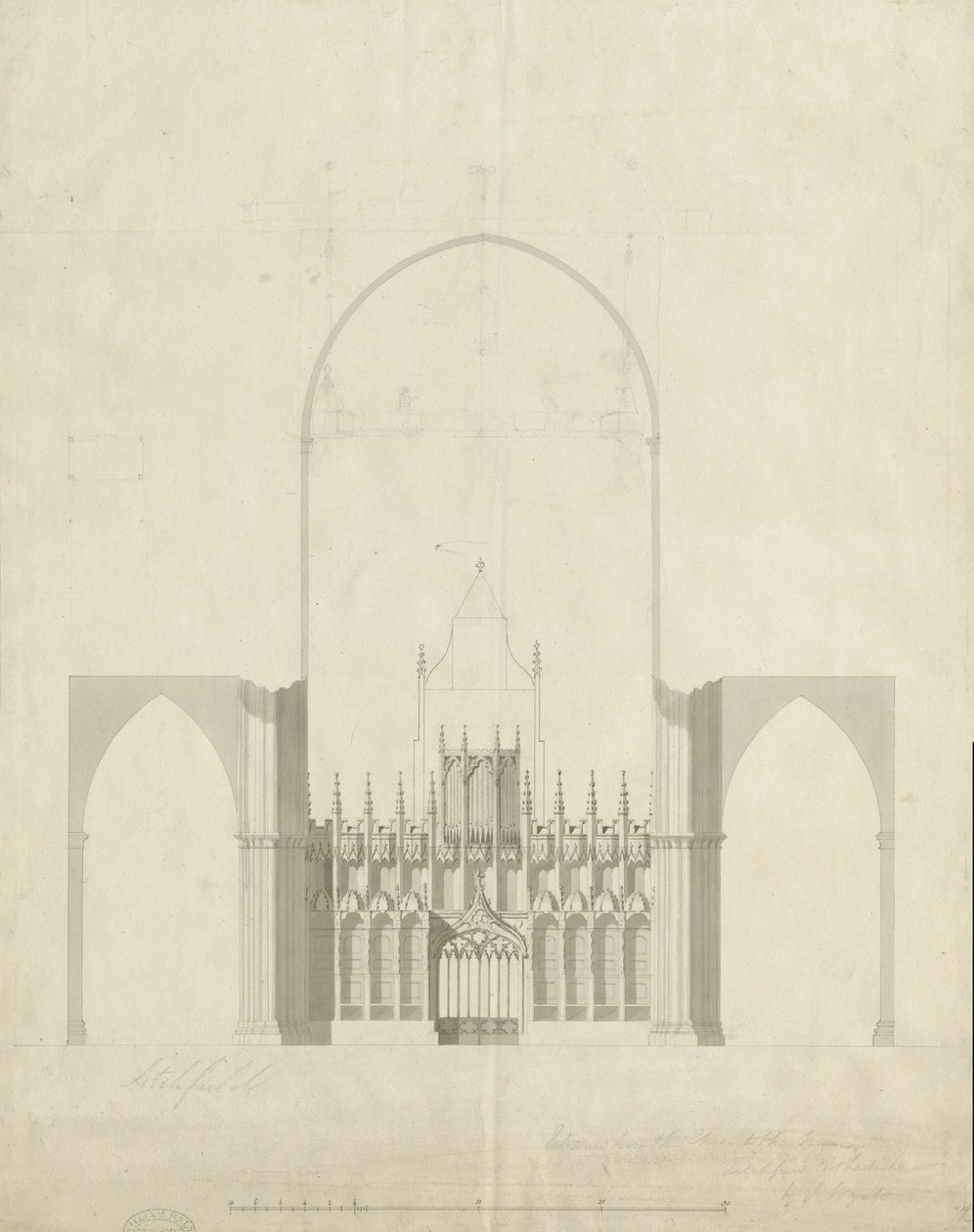 Interior of Lichfield Cathedral - Entrance from Choir to Nave: Drawing and Wash by James Wyatt