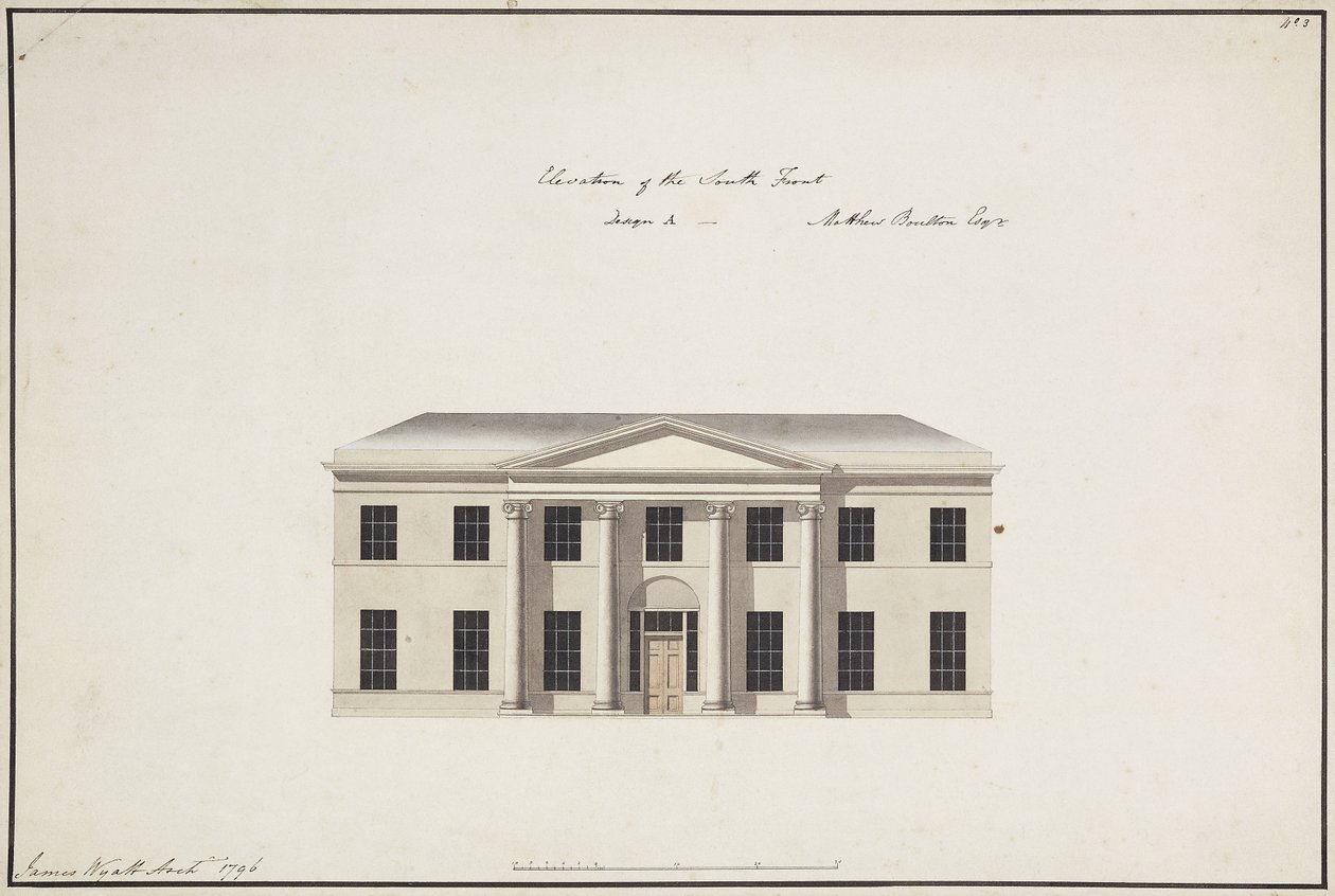 Soho House: Plan of the Ground Storey; Plan of the Bedchamber Storey; Elevation of the South Front, Design A, Elevation of the South Front, Design B, and Elevation of the North Front by James Wyatt