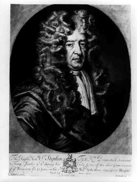Sir Stephen Fox aged 75, engraved by J. Simon by James after Baker
