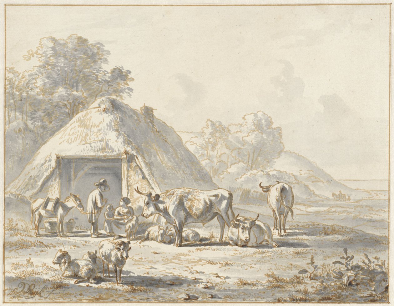 Cattle and Figures in front of a Barn by James de Rijk