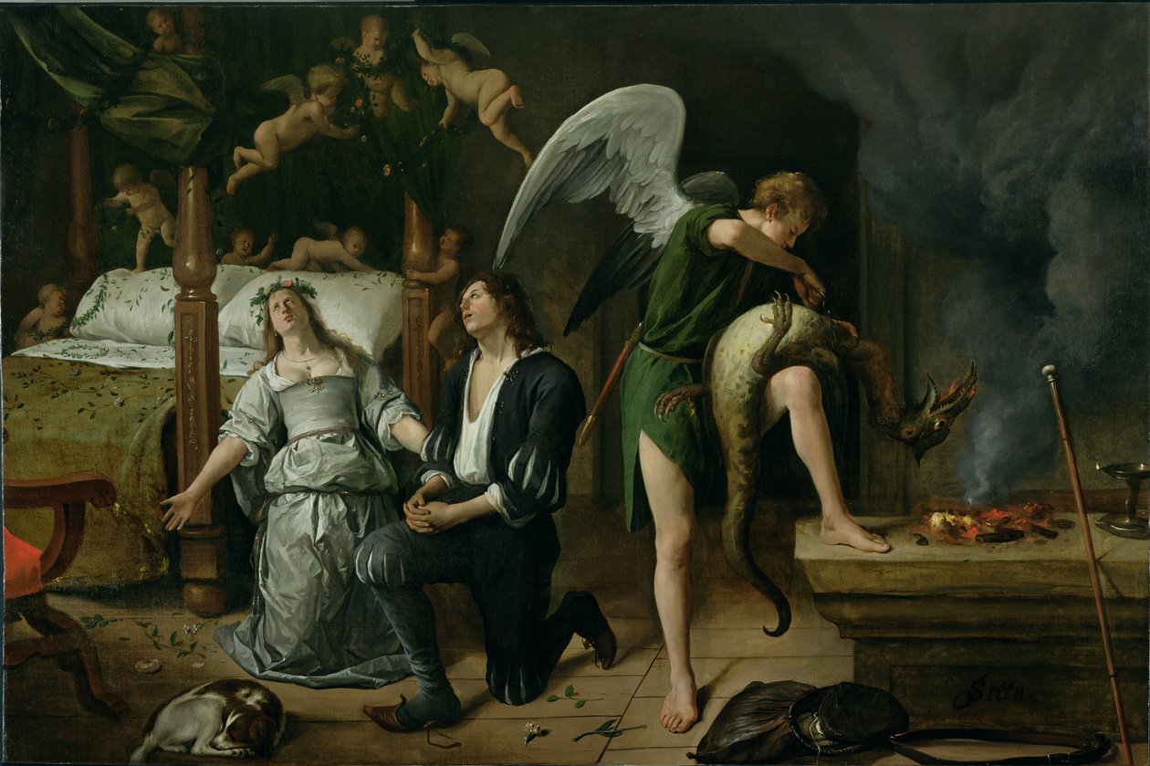 Tobias and Sarah with the Archangel Raphael exorcising the demon Asmodeus, restored version reassembled from two separated fragments by Jan Havickszoon Steen