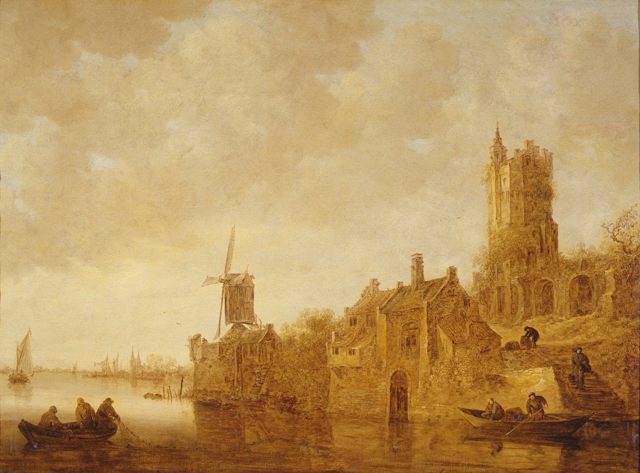 River landscape with windmill and castle ruins, 1644 by Jan Josephsz van Goyen