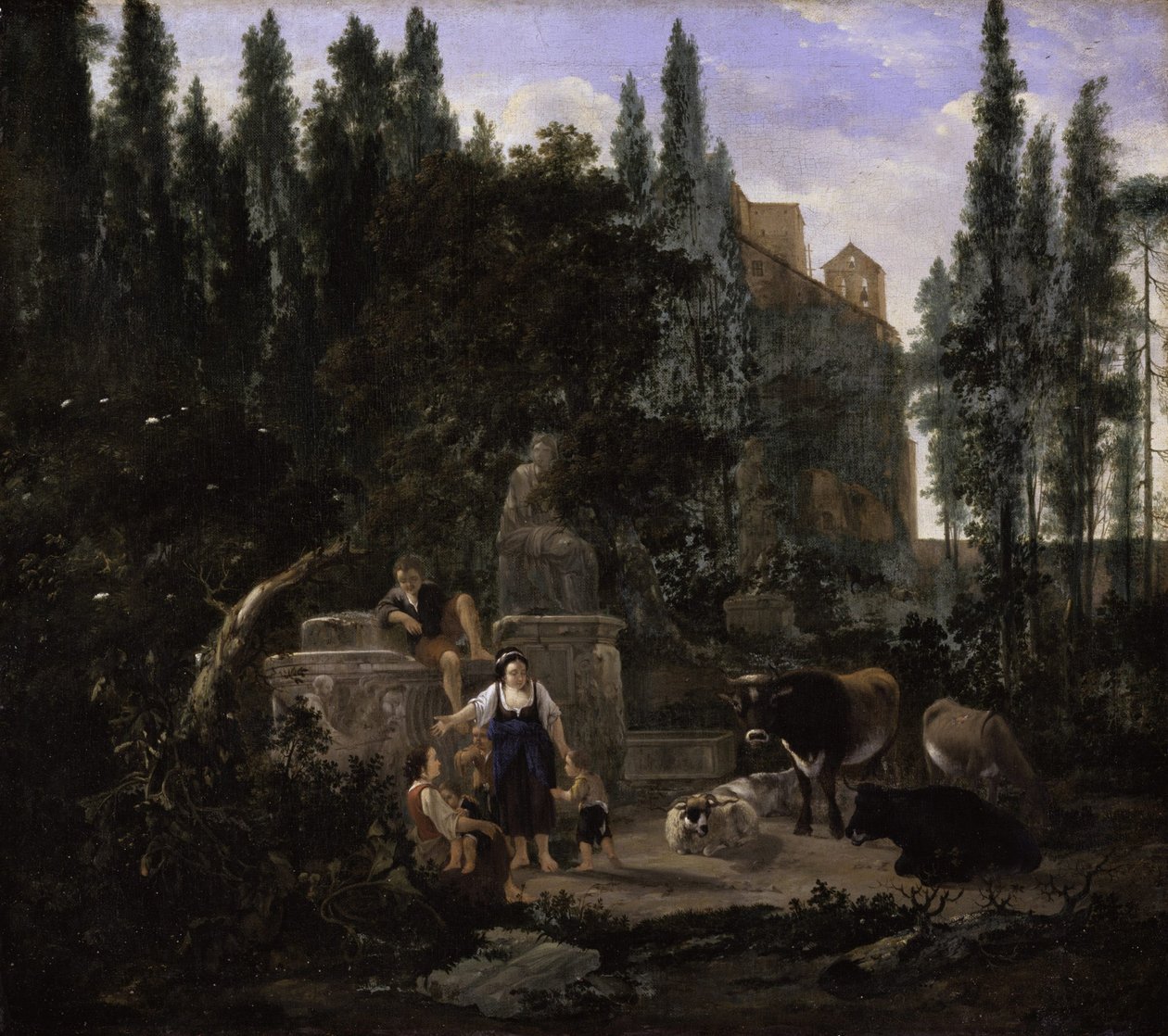 An Italian Landscape with Figures and Cattle by Jan Lapp