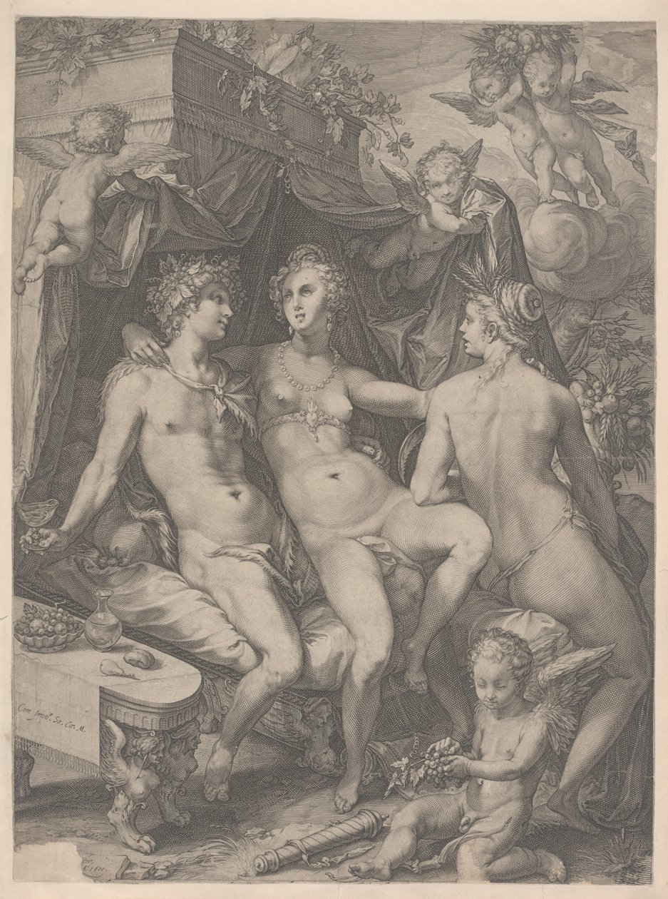 Venus Seated on a Bed Between Bacchus and Ceres, 1600 by Jan Saenredam