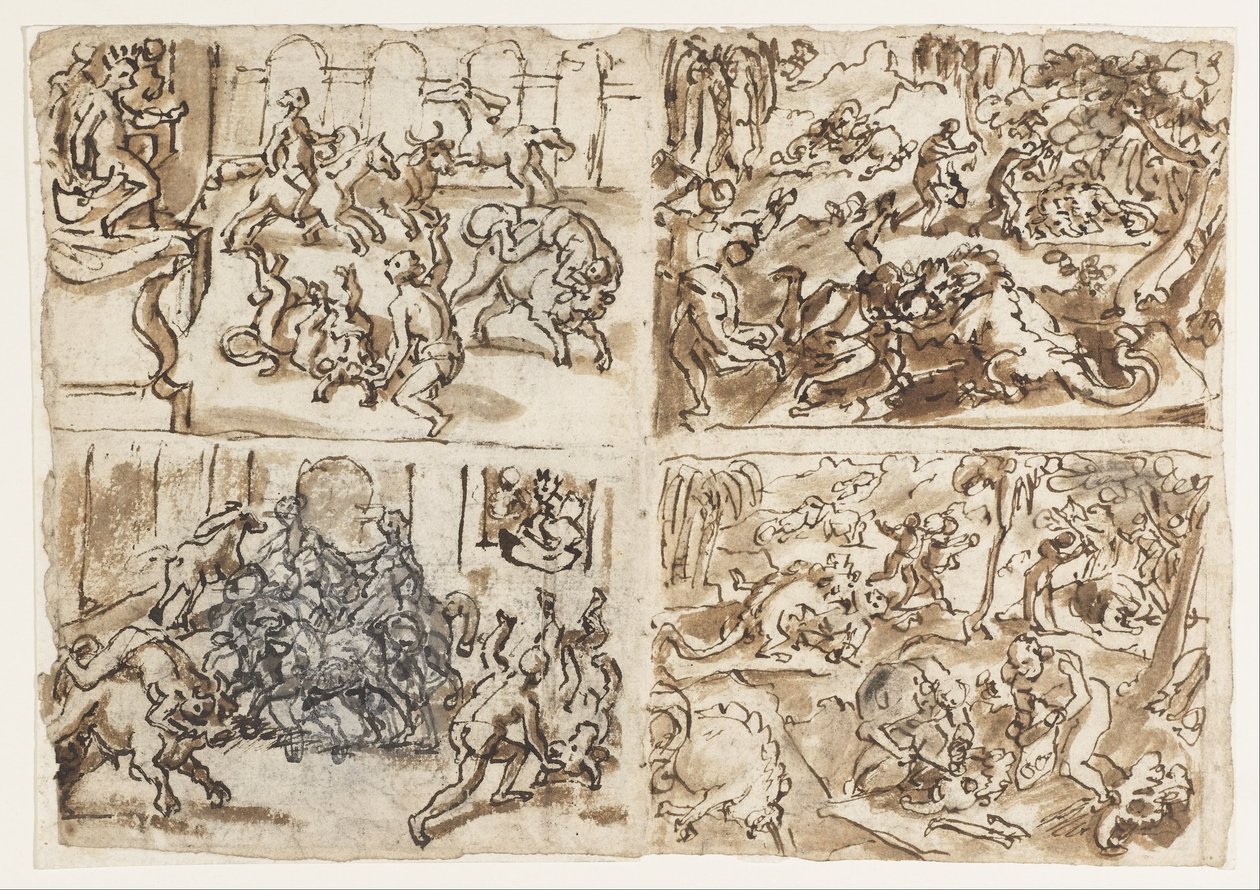 Title- Page from a Sketchbook Showing Four Scenes Including Thessalians Fighting Bulls (Recto) by Jan van der Straet