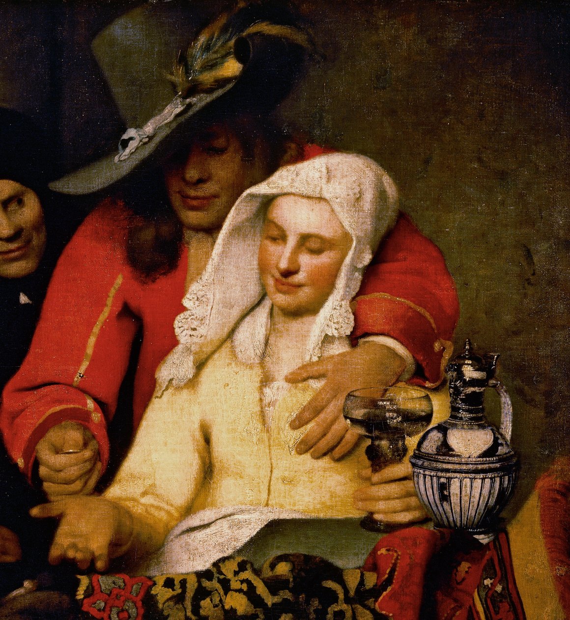 A Man Holds Out a Coin to a Woman Touching Her Breast (detail) by Johannes Vermeer
