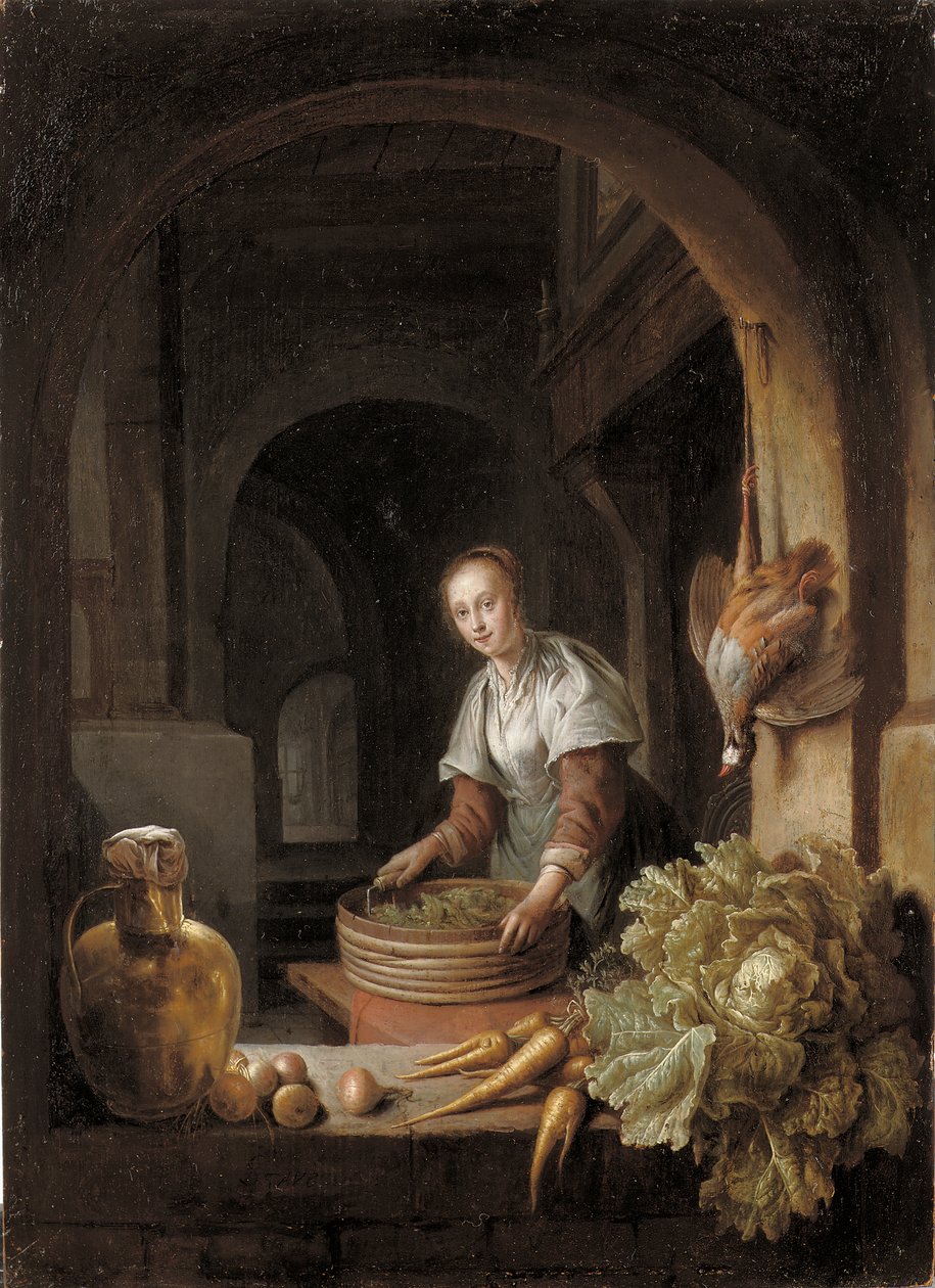 A Maid Preparing Vegetables in a Kitchen by Jan Adriansz van Staveren