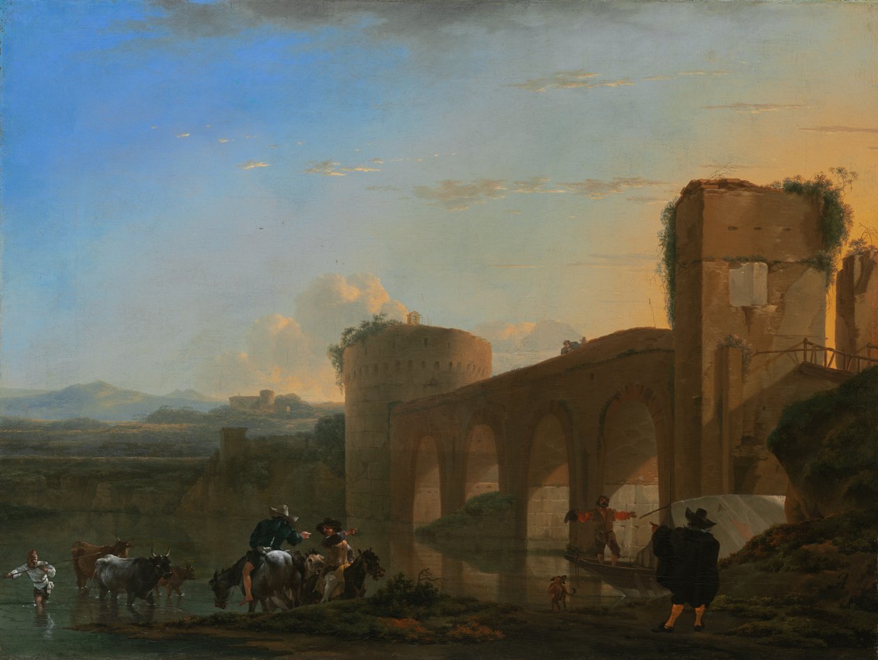 The Tiber River with the Ponte Molle at Sunset by Jan Asselijin