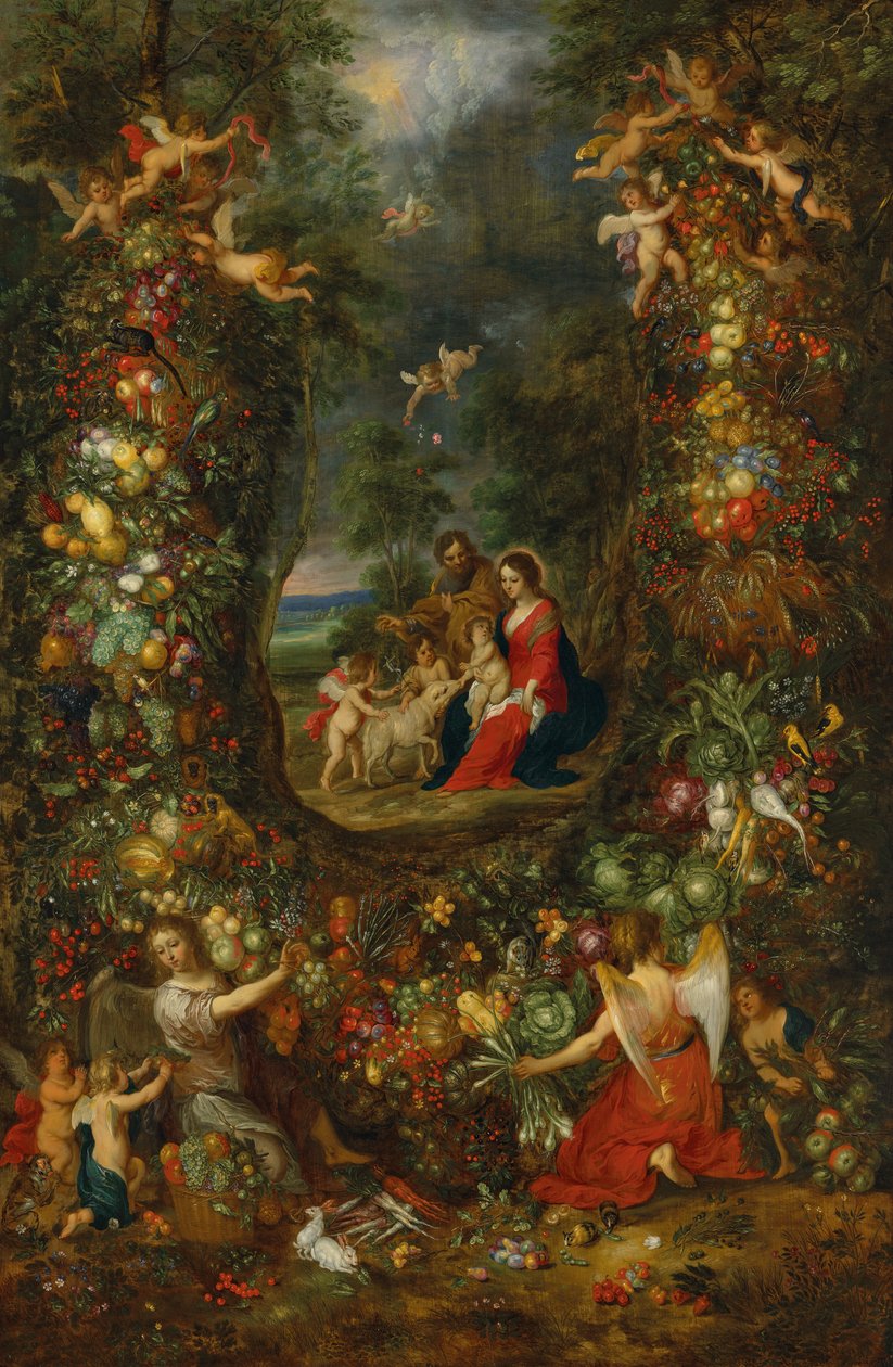 The Holy Family Surrounded by a Garland of Fruit Supported by Putti by Jan & Balen Hendrik van (1575-1632) Brueghel