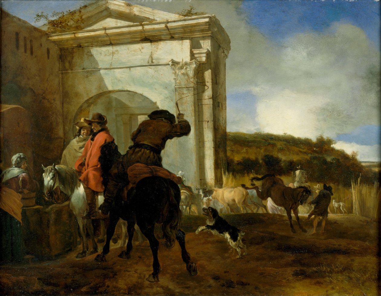 Italian Landscape with Horsemen by a Spring by Jan Baptist Weenix