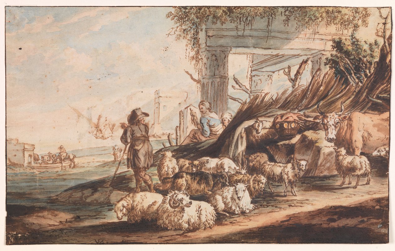 Shepherd with a Flock of Sheep and a Cow Among Ruins by Jan Baptist Weenix