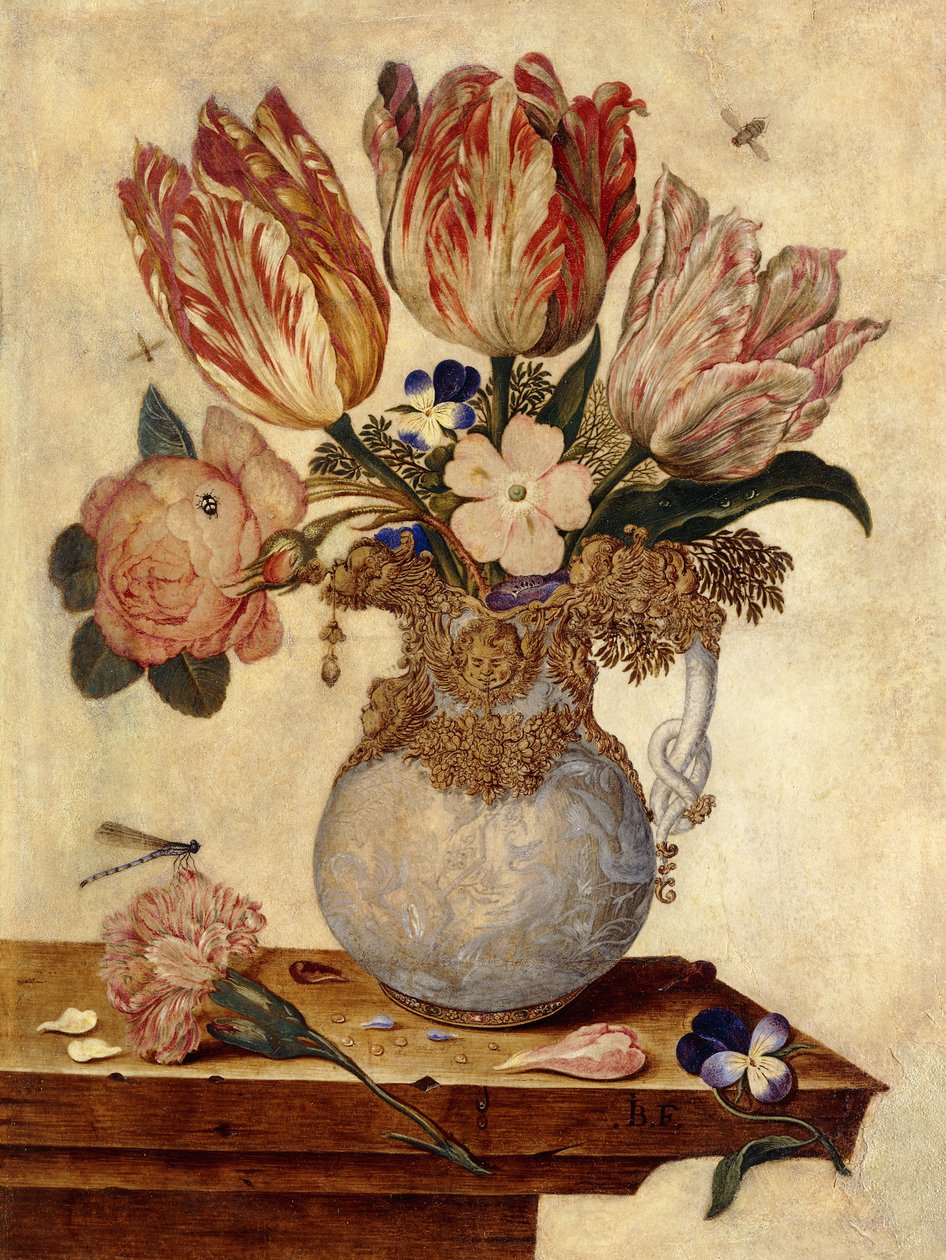 Tulips, Forget-me-nots, Peonies and Other Flowers in a Vase on a Ledge by Jan Baptist van Fornenburgh
