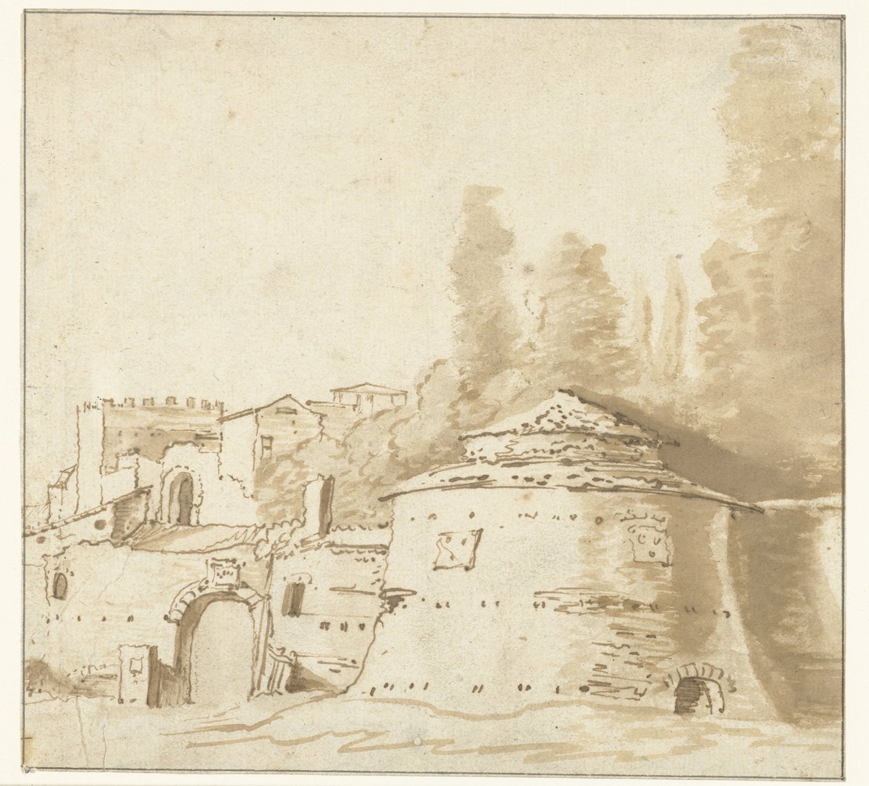Italian Building with Heavy Round Tower by Jan Both (attributed to)