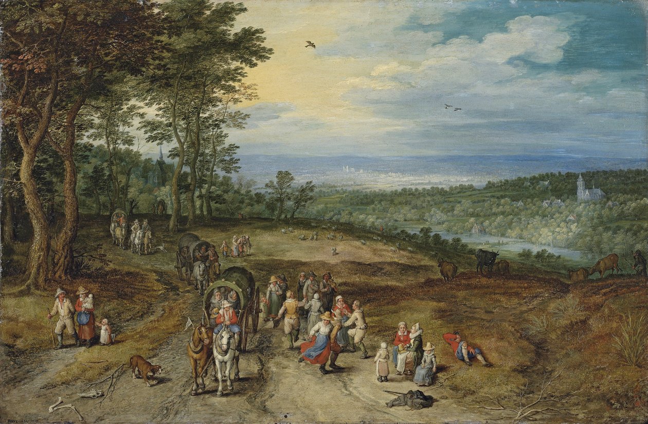 An Extensive Wooded Landscape with Travellers on a Track and Peasants Dancing in the Foreground by Jan Brueghel the Elder