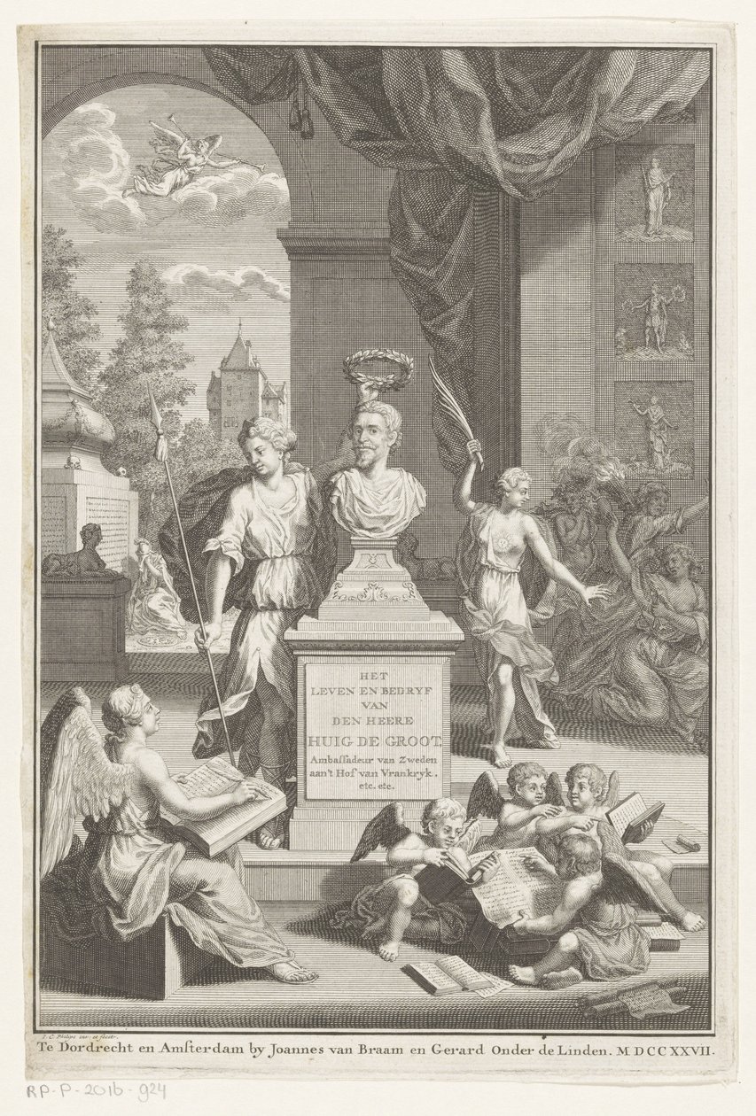 Bust of Hugo Grotius Crowned by Victoria (The Life and Work of Mr. Hugo Grotius) (Title Page for: Caspar Brandt and Adriaan van Cattenburg, History of the Life of Mr. Hugo Grotius, 1727) by Jan Caspar Philips