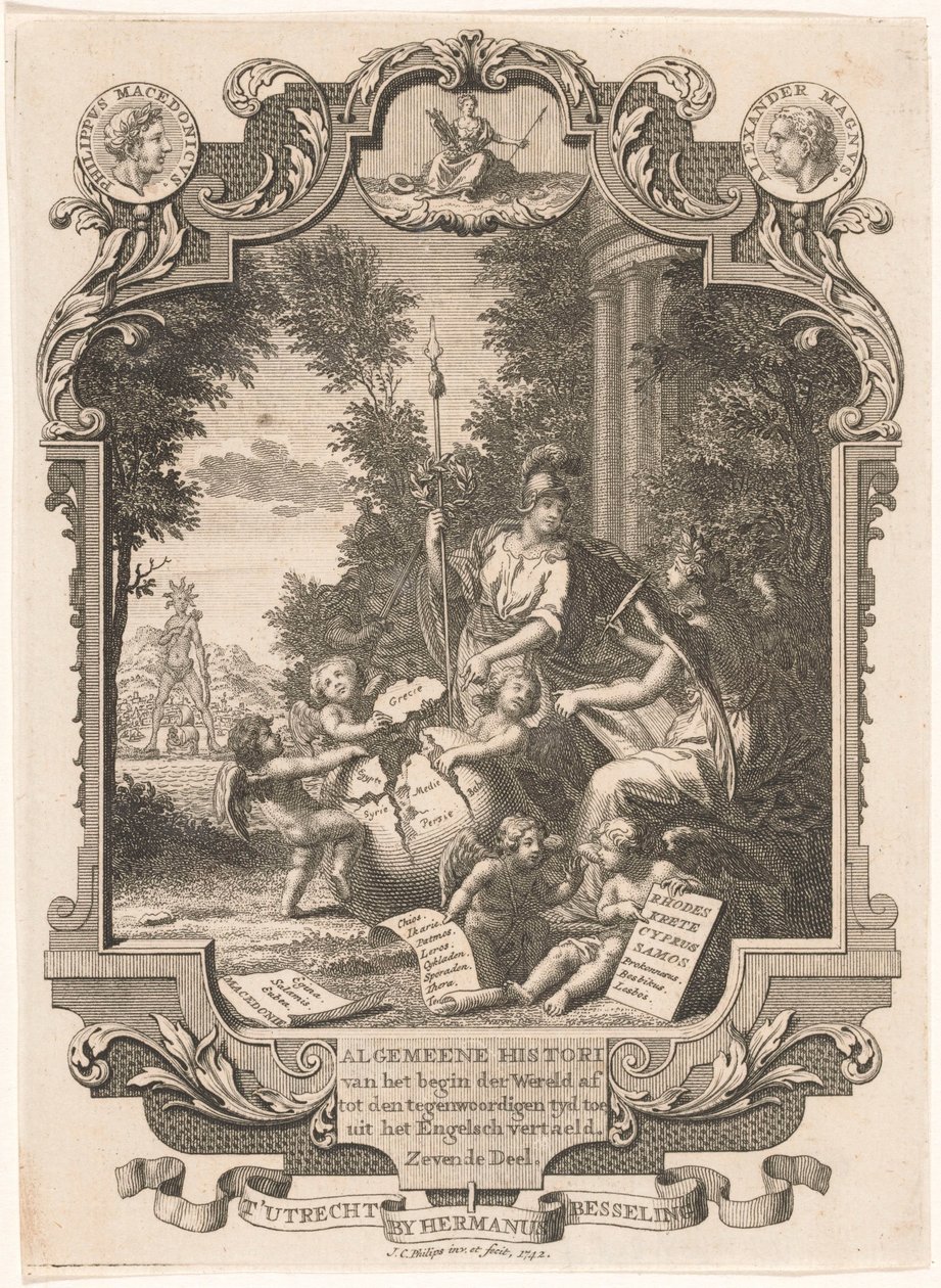 Cartouche with Allegory on the History of Greece (Title Page for: Kornelis Westerbaen, General History, 1742) by Jan Caspar Philips