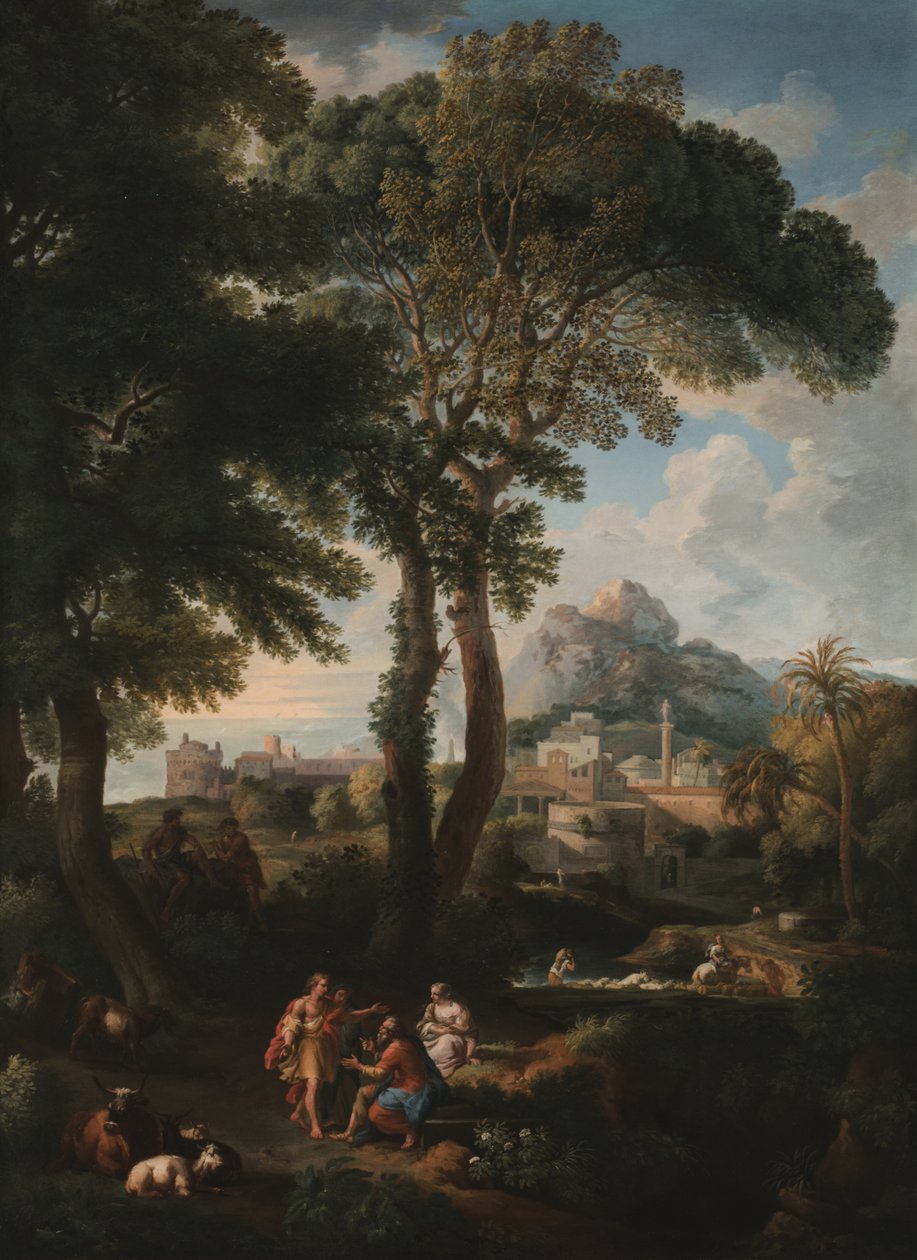 A classical river landscape with figures greeting one another on a road in the foreground, a view of a city in the distance by Jan Frans van Bloemen