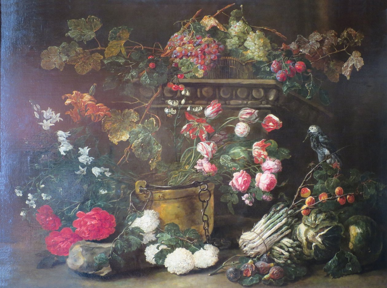 Still Life with Flowers, Fruit and a Parrot by Jan Fyt