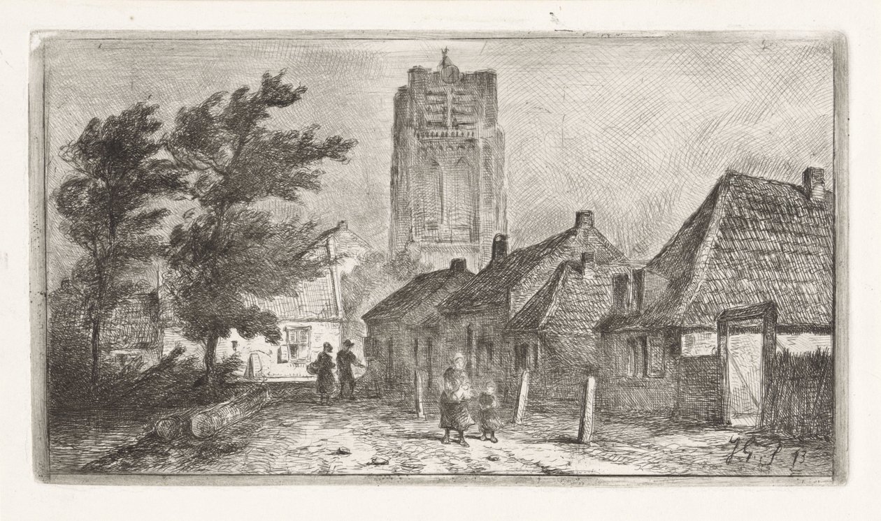 Village Scene with Church Tower by Jan Gerard Smits