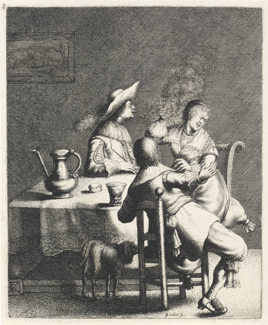 Smoker Blowing Smoke at a Woman (The Five Senses, series title) by Jan Gillisz. van Vliet