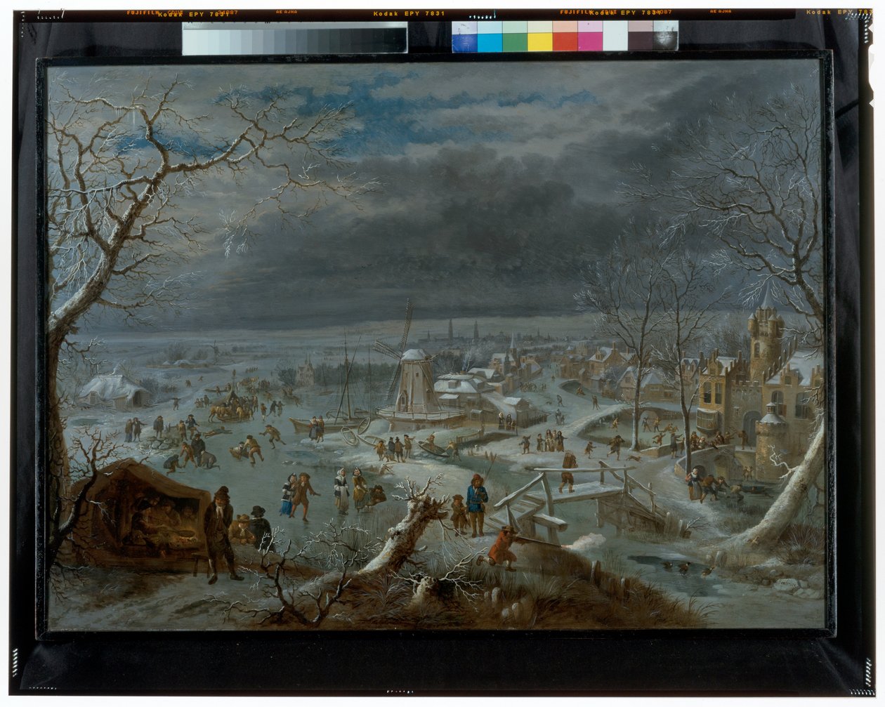Winter Landscape With Ice Skaters On A Frozen Pond By A Village by Jan Griffier