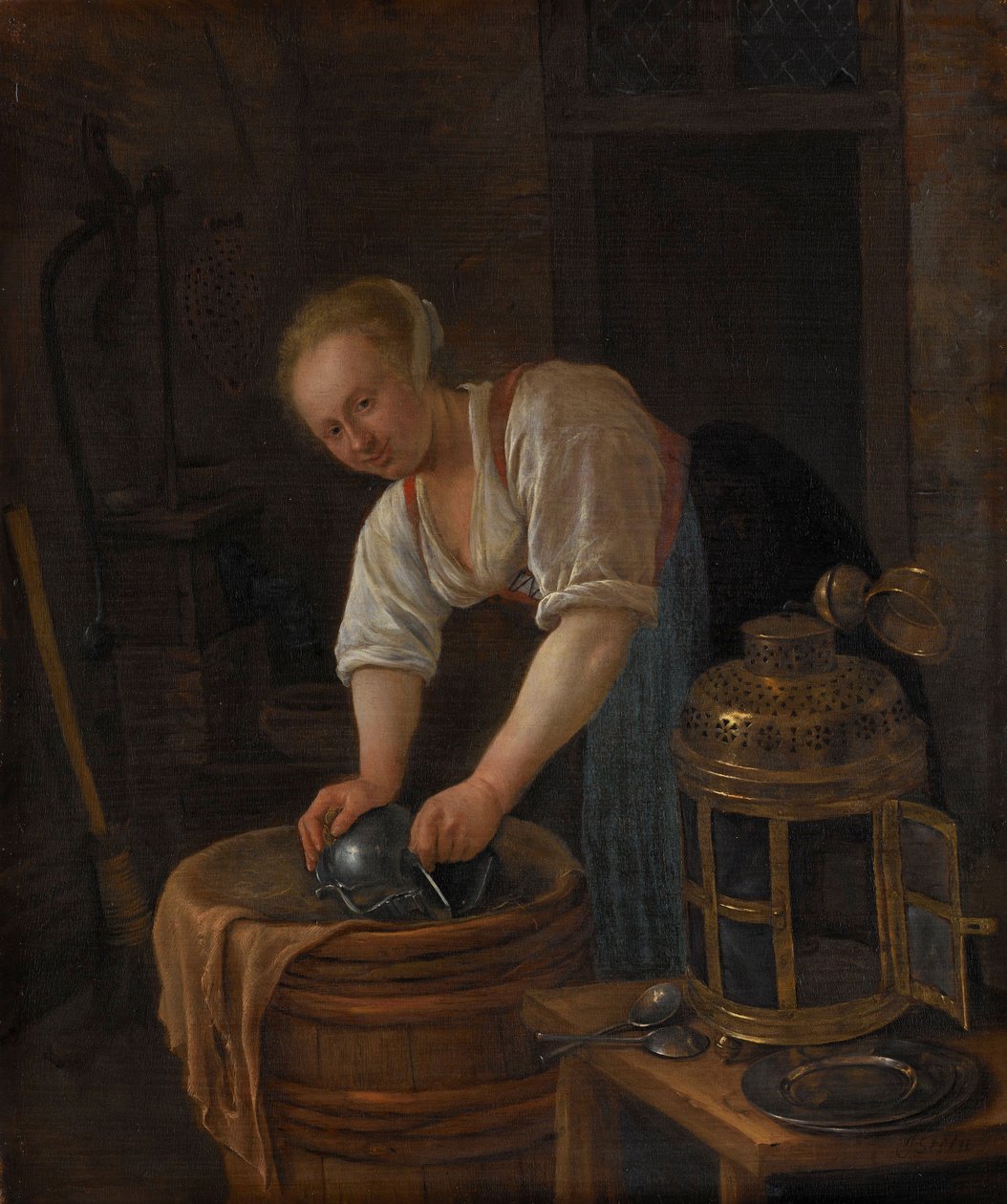 Woman Scouring Metalware by Jan Havicksz. Steen