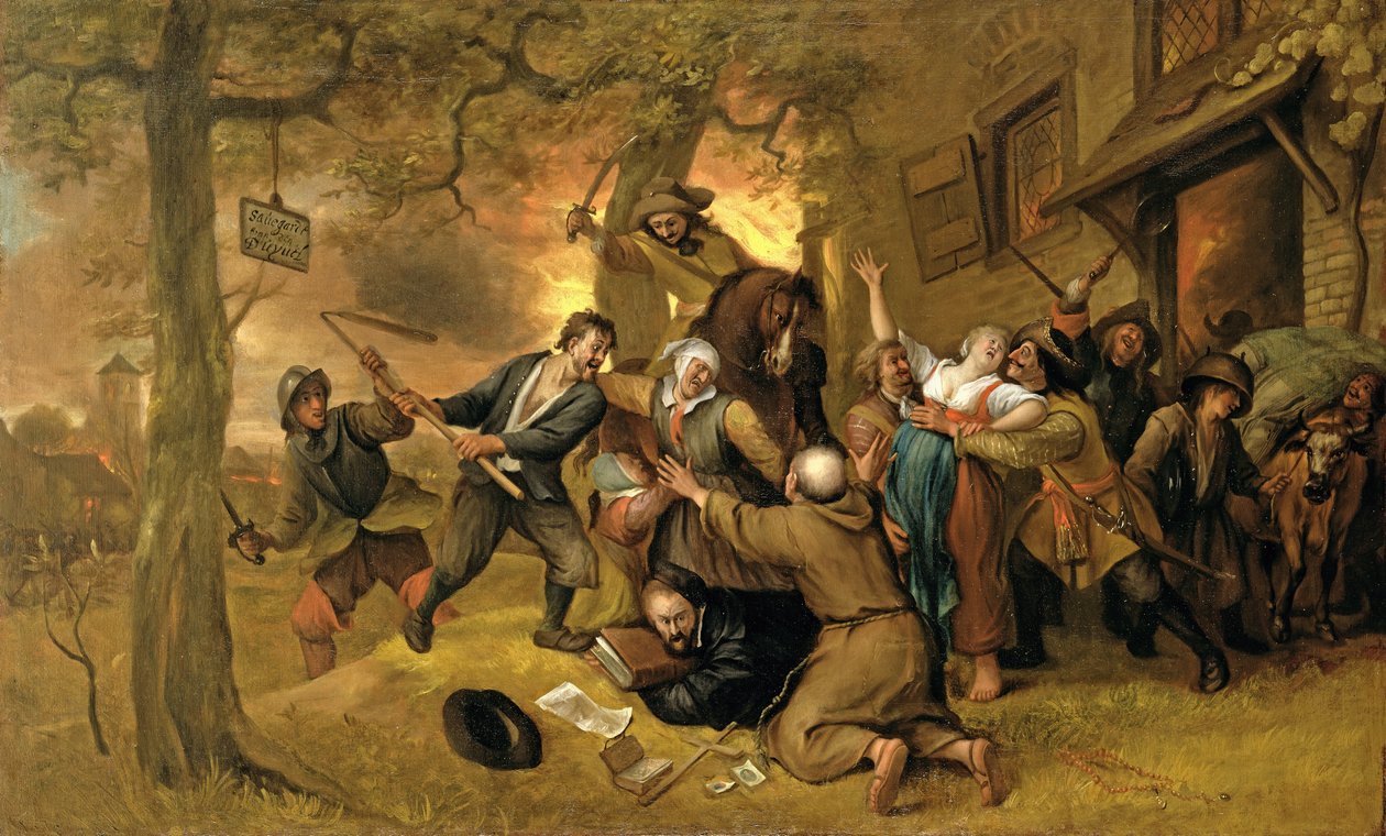 Peasants and Soldiers Outside a Tavern - An Allegory of the Rape of the Netherlands by Jan Havickszoon Steen