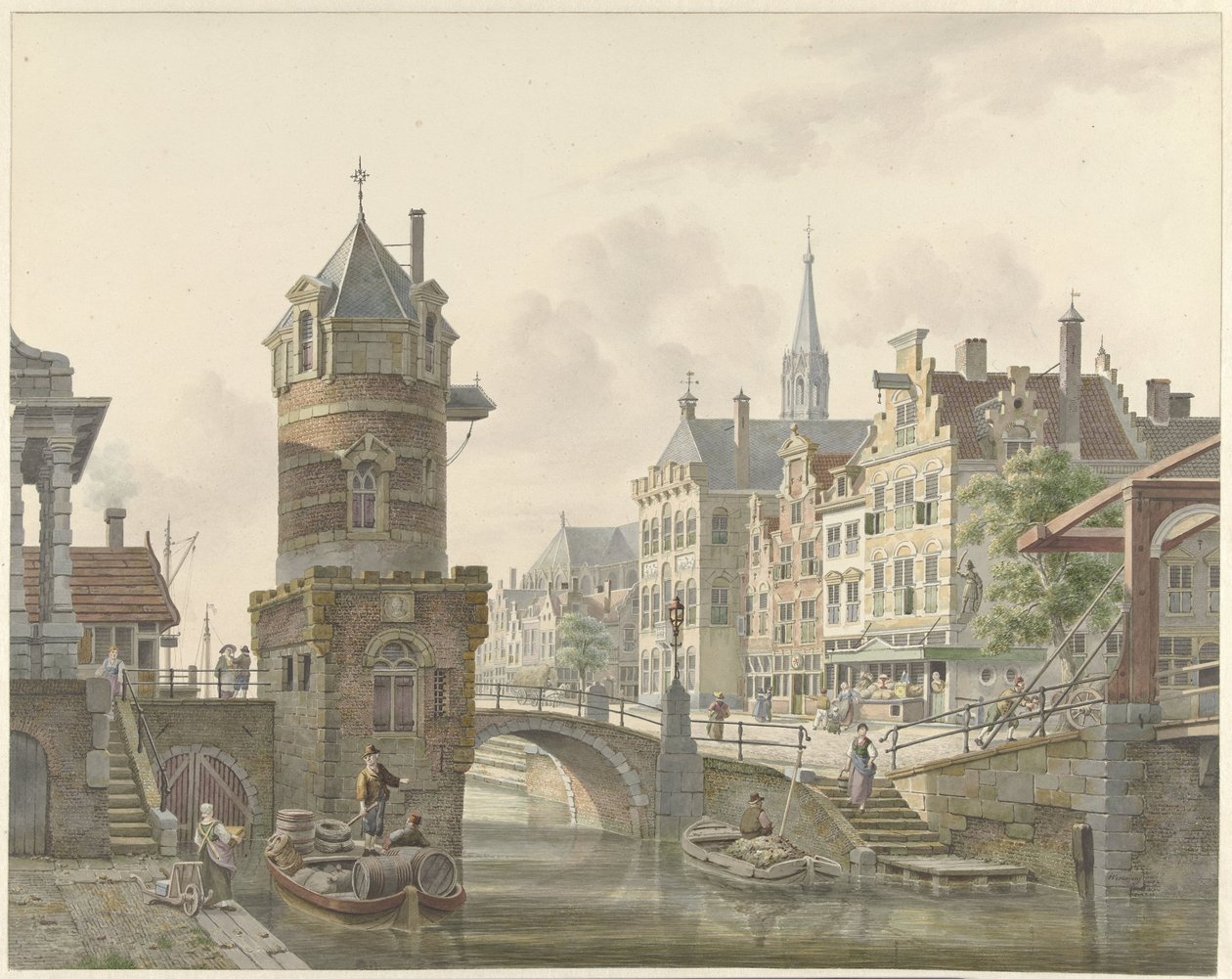 Canal in a City with a Tower near a Stone Bridge by Jan Hendrik Verheijen