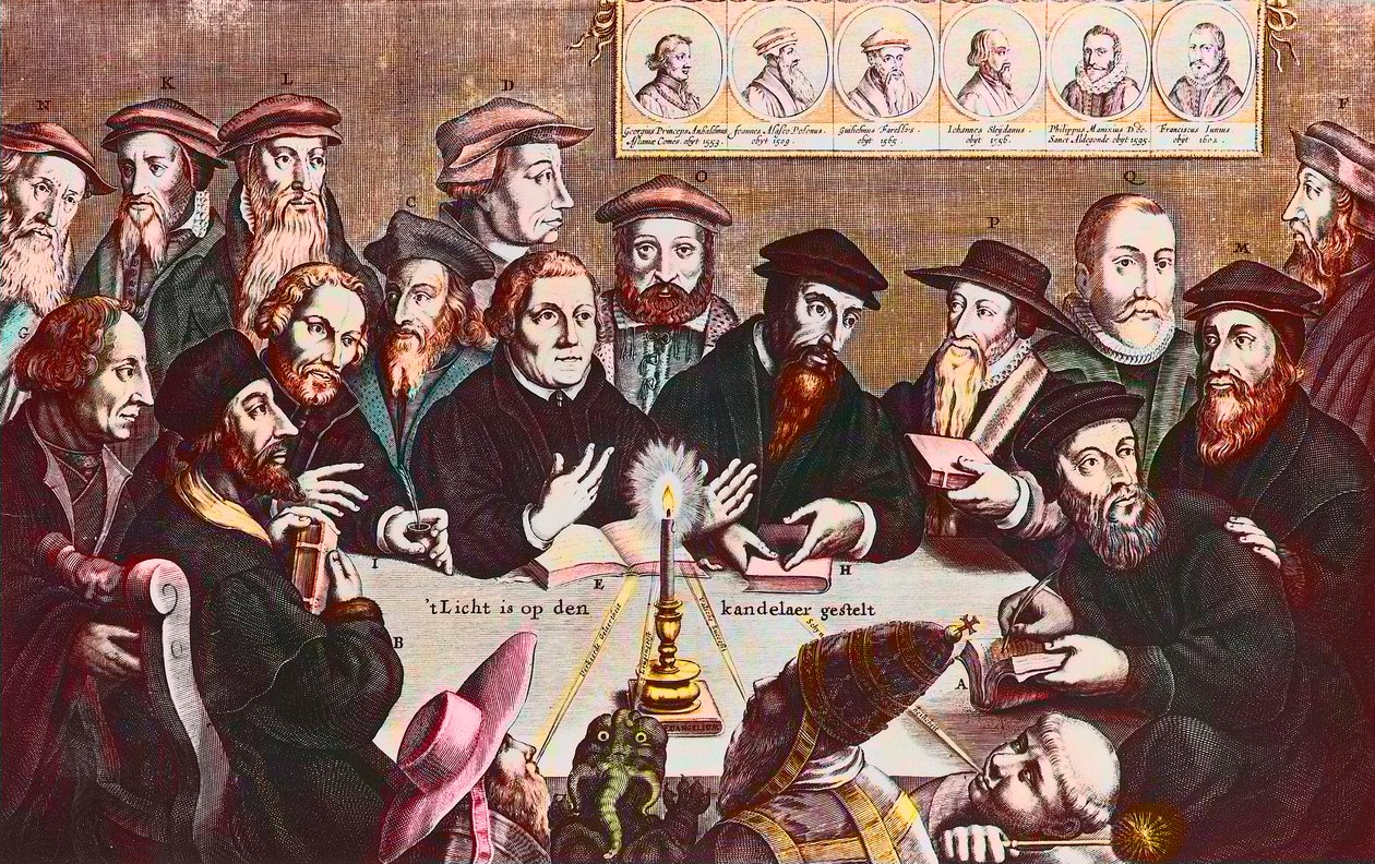 The light is placed on the candlestick - Engraving by Jan Houwens showing The reformers John Calvin and Martin Luther Imaginary Meeting of Reformist Leaders: John Wyclif by Jan Houwens