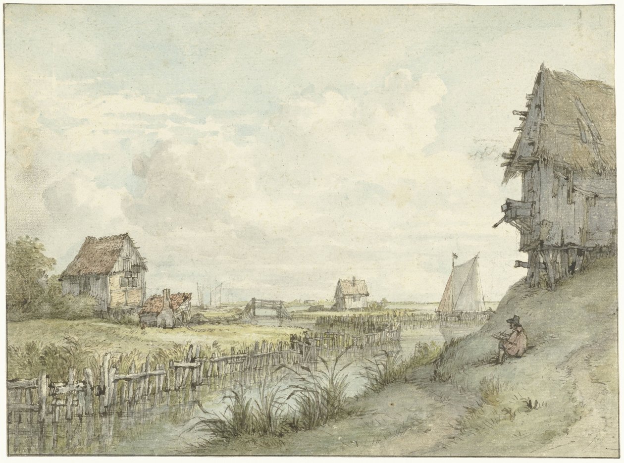 River Landscape with Sketching Artist Among Huts by Jan Hulswit