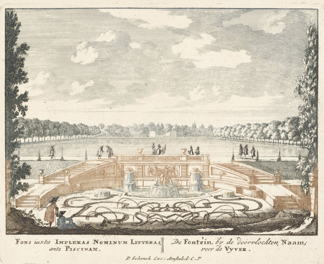 Fountain and large pond in the gardens of Het Loo Palace by Jan I van Call