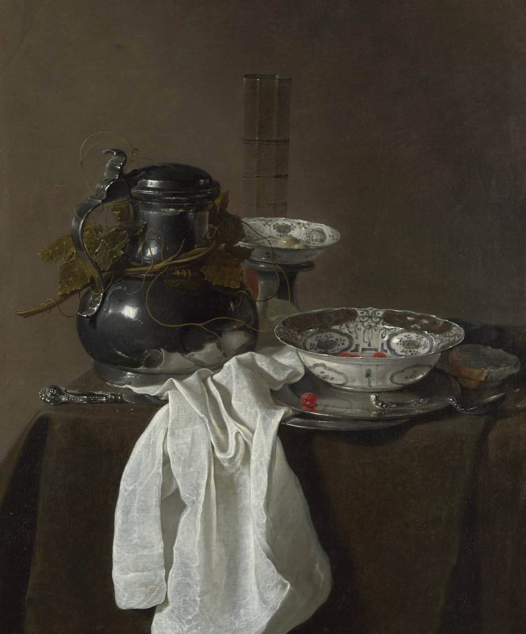 Still Life with a Pewter Flagon and Two Ming Bowls by Jan Jansz. Treck