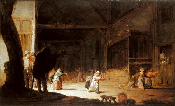 A Masquerader Scaring Children in a Barn by Jan Jansz van Buesem