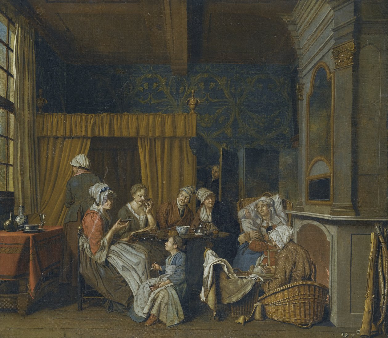 A family taking tea while celebrating the birth of twins by Jan Josef Horemans the Younger
