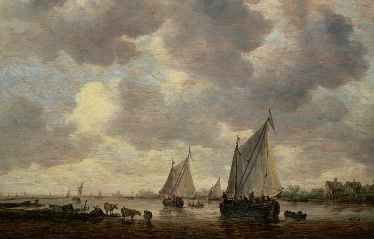 A Canal in Holland, or Two Large Sailing Ships and Cattle Near a River by Jan Josephsz van Goyen